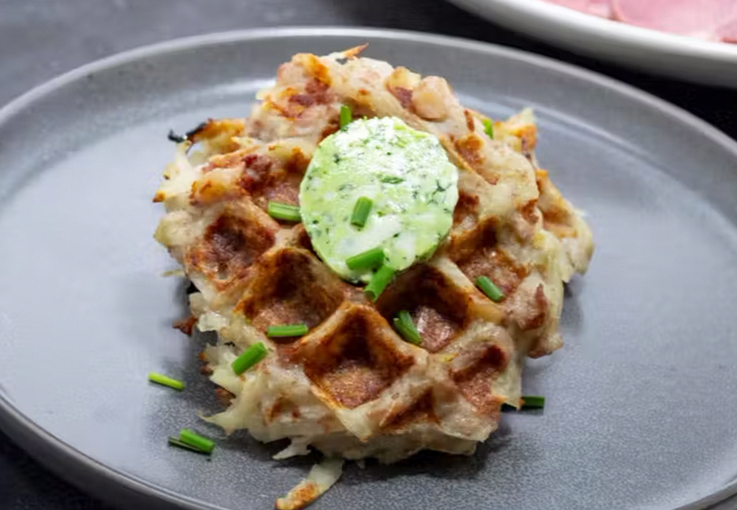 Corned Beef Hash Waffle with Thyme Maple Syrup and Herb Compound Butter