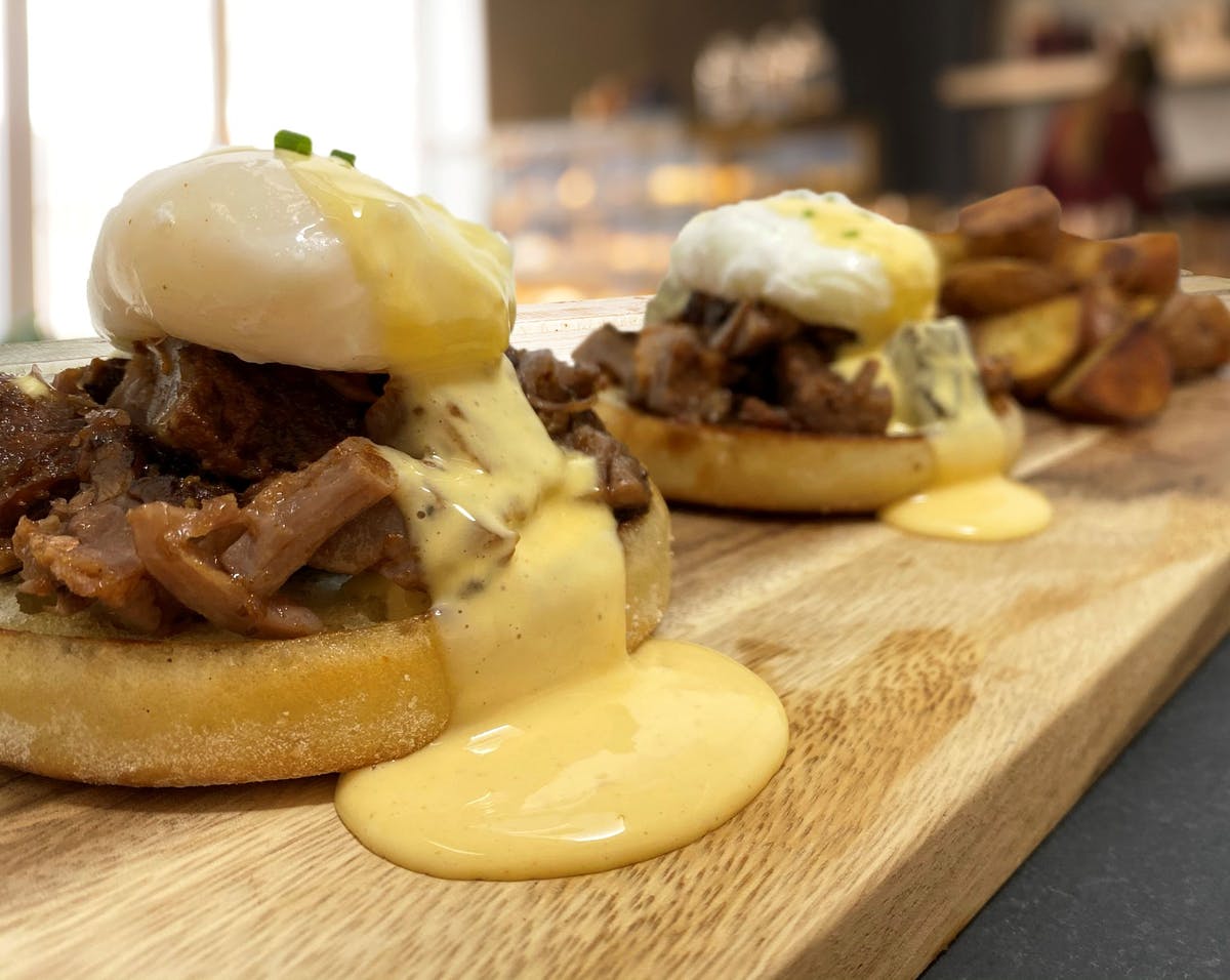 Brisket Burnt Ends Eggs Benedict with North Carolina Hollandaise Sauce