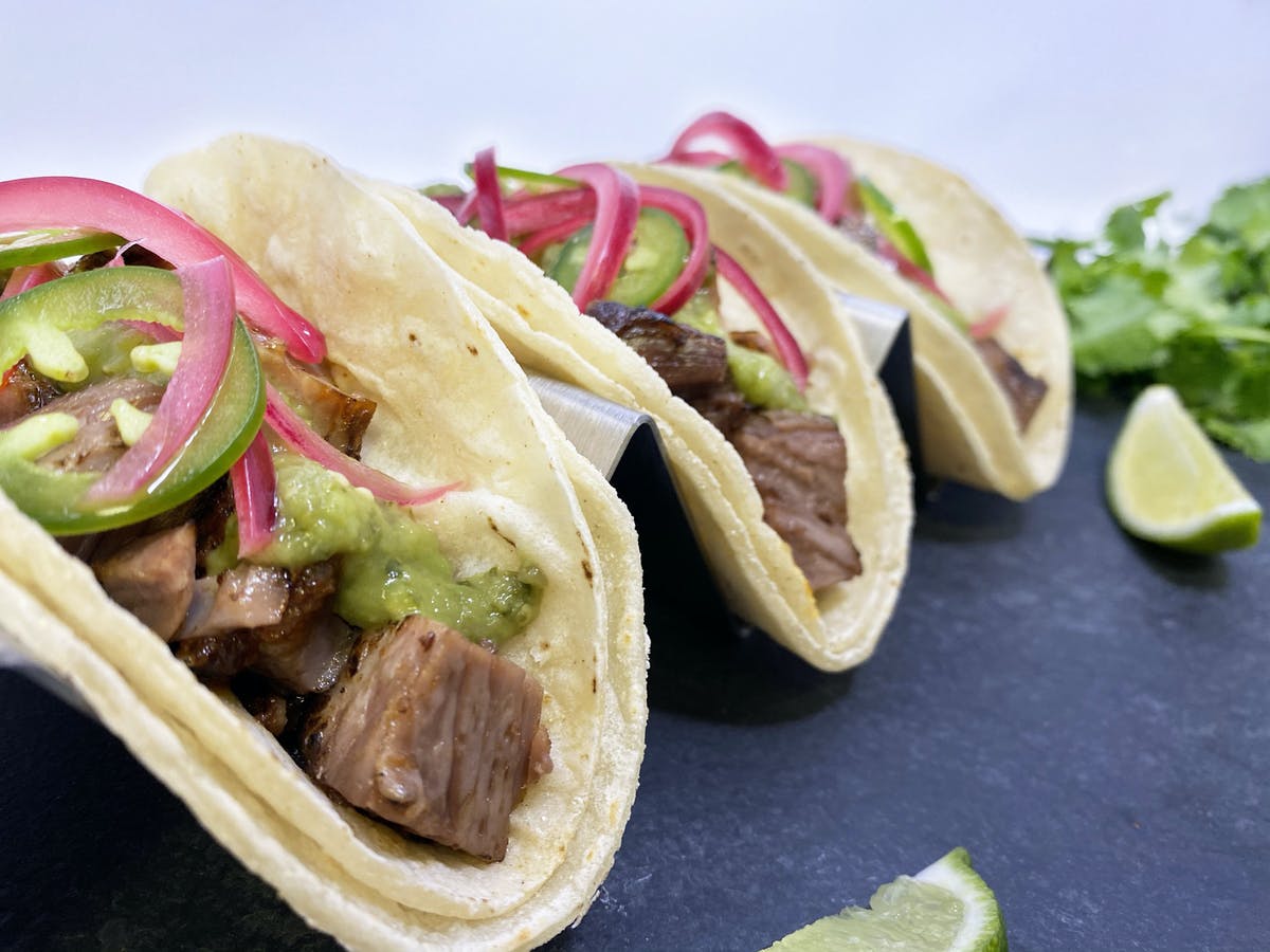 Brisket Burnt Ends Tacos With Pickled Red Onions And Salsa Verde